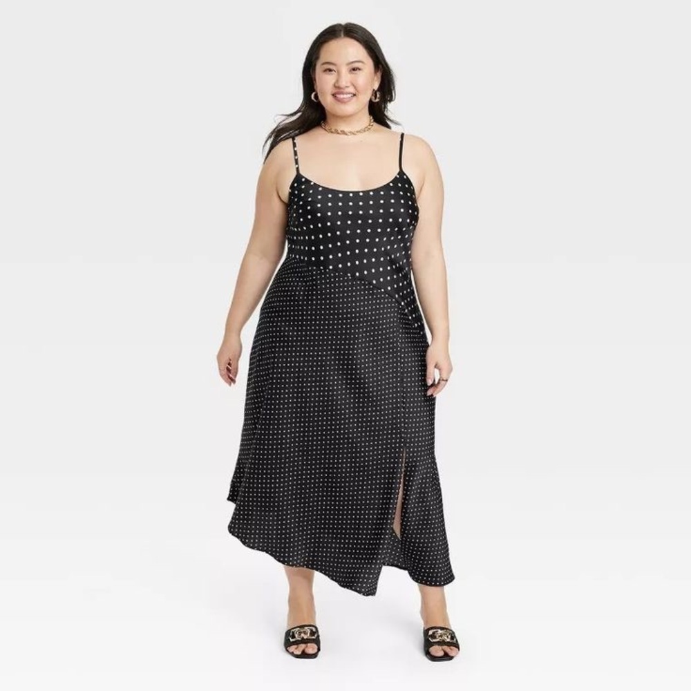 ✨ Women's Asymmetrical Midi Slip Dress - A New Day™ Black Polka Dots ✨